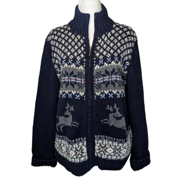 Eddie Bauer navy intarsia fair isle zip up Nordic holiday sweater size large - Picture 1 of 11